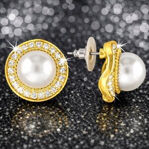 New 12mm PEARL Pave Set CZ ladies Diamond Studs Bridal statement Earrings Gold